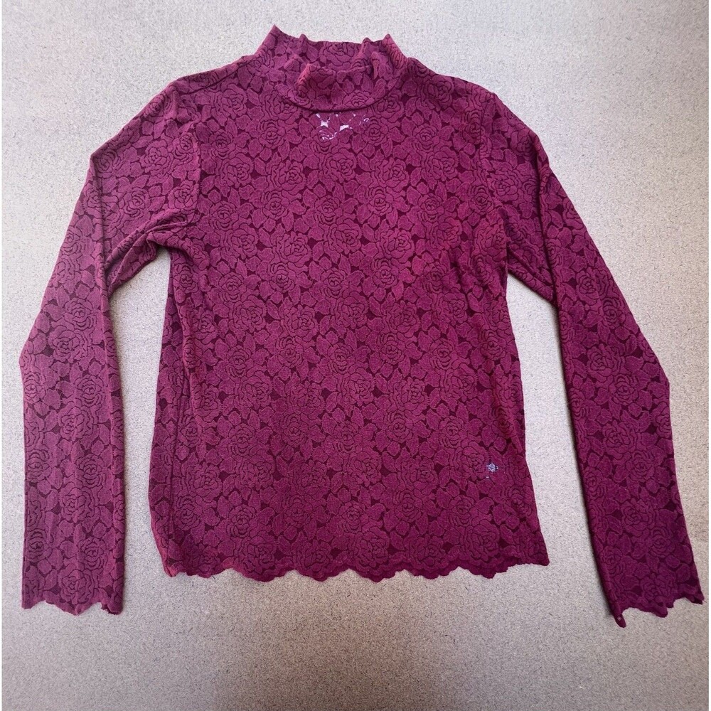 BKE Buckle Red Shirt Womens Large Cabernet Floral Lace Sheer Mock Neck New WTags